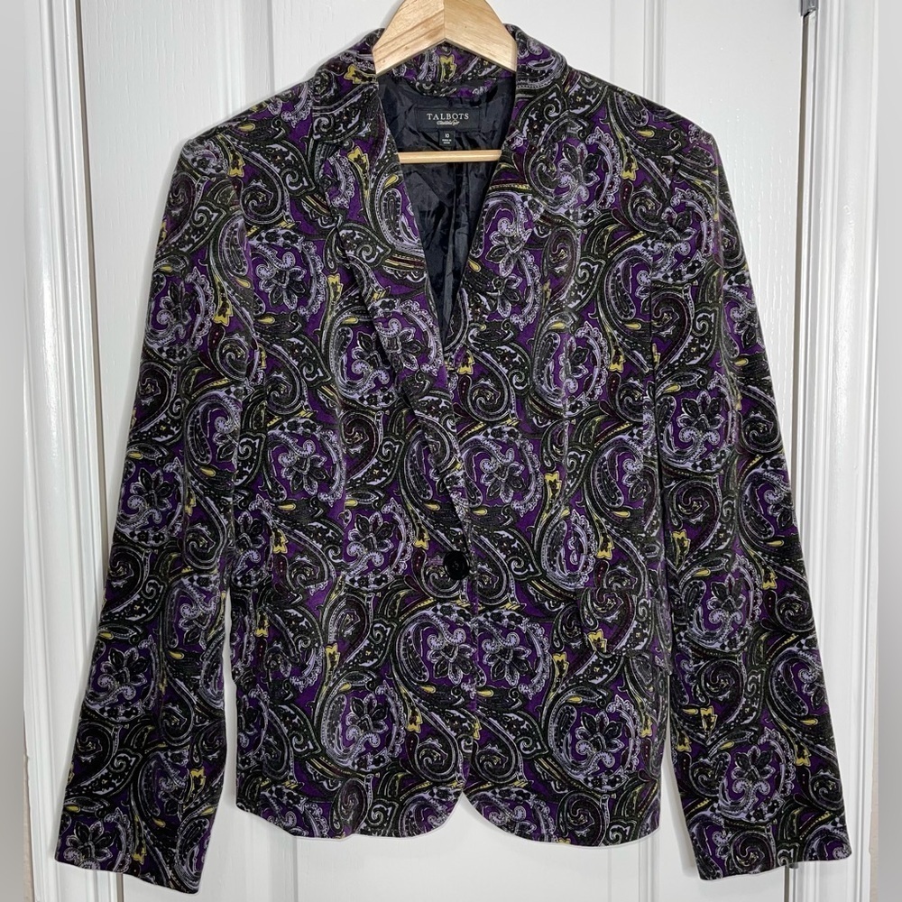 Talbots Velvet Paisley Purple Black Blazer Size 10 - Picture 1 of 6